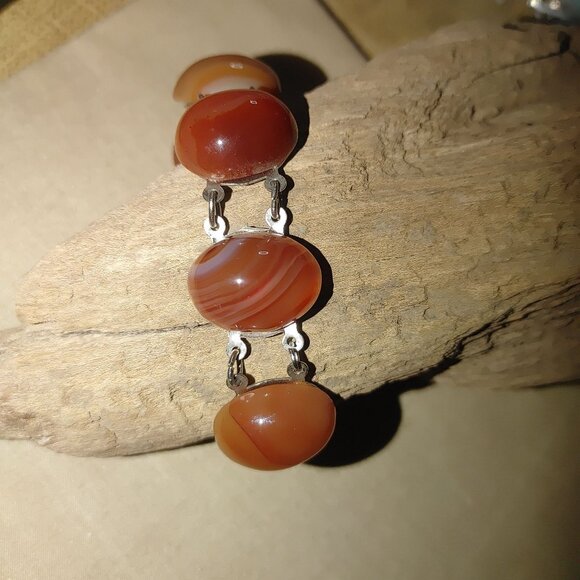 Silvertone Carnelian Agate looking Amber Link Bracelet Oval Cabochons Vintage - Picture 10 of 12
